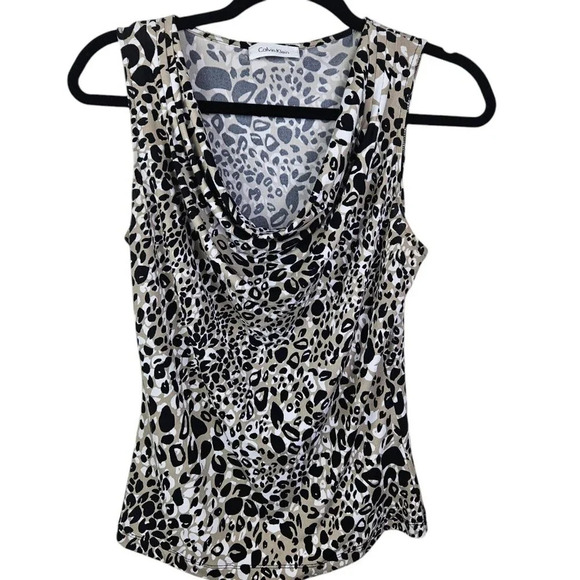 Calvin Klein Tan Black Leopard Print Blouse Tank Shell Cowl Neck Size Small - Picture 1 of 9